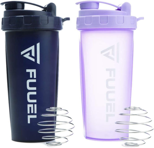 Double Shaker Bottle with Lanyard, 24Oz - Leak Proof Mixer Cup with Stainless Steel Blending Ball - Mixing Bottles for Protein Shakes - Premium Fitness Accessories (Navy & Purple)