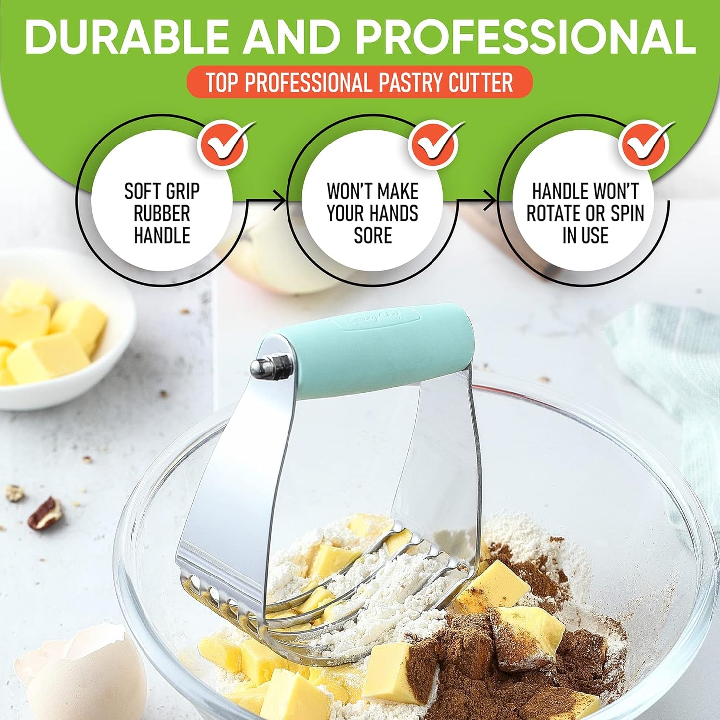 Dough Blender, Top Professional Pastry Cutter, Heavy Duty Baking Tool with Stainless Steel Blades, Medium Size, Mint