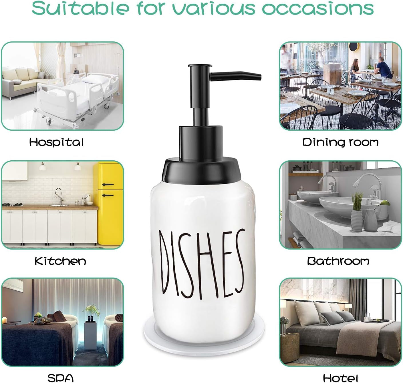 Soap Dispenser–Modern Farmhouse Style Ceramic Dishes Liquid Soap Dispenser–Perfect for Kitchen Counter Décor or Kitchen Sink-Bathroom Soap Dispenser–White Bottles with Black Pump and Lettering(14Oz)