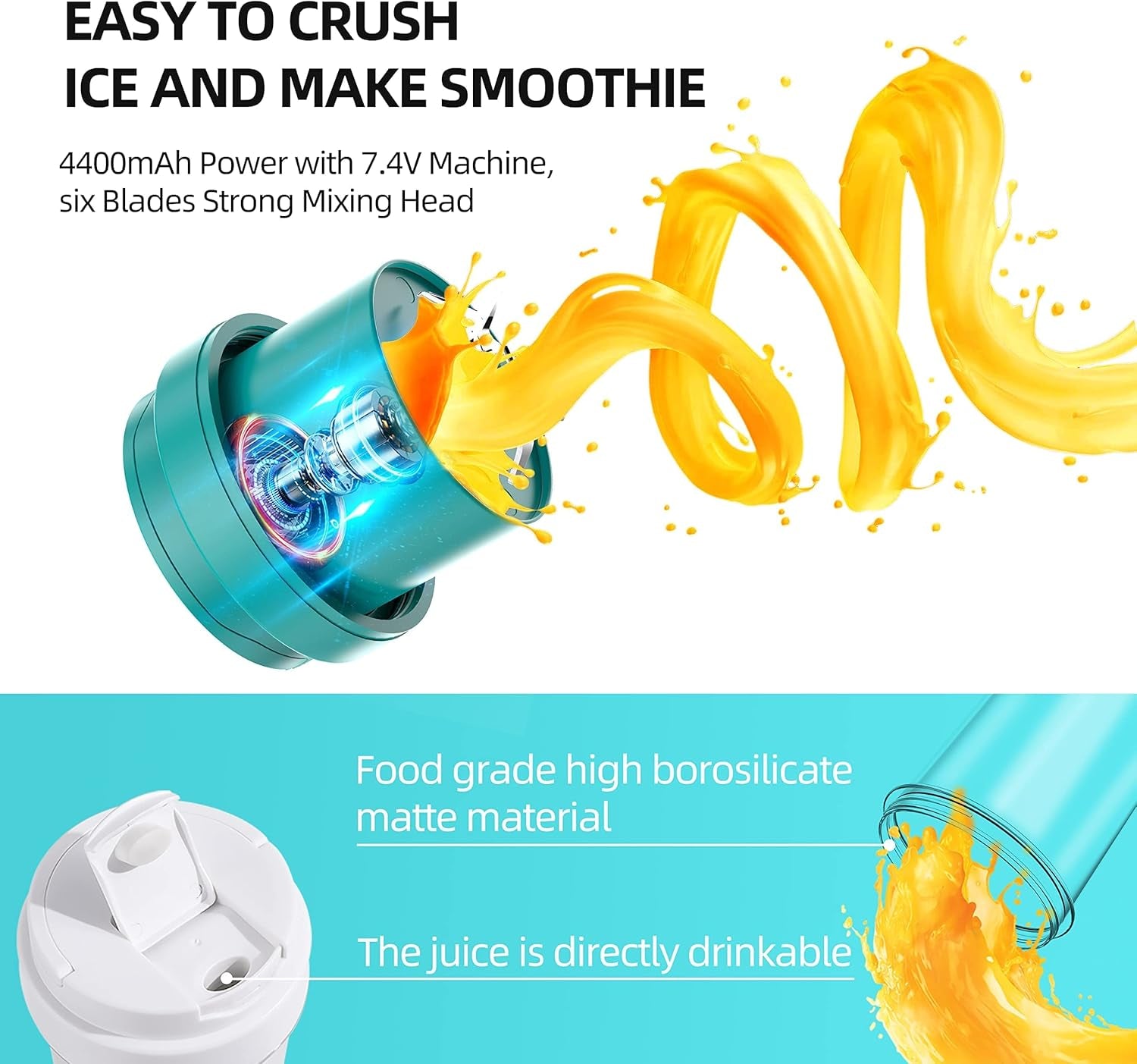 Portable Blender, Personal Blender for Shakes and Smoothies, Mini Blender USB Rechargeable and 6 Blades,19Oz/550Ml Fruit Juice Mixer, Juicer Cup for Sport Travel Office(Blue)