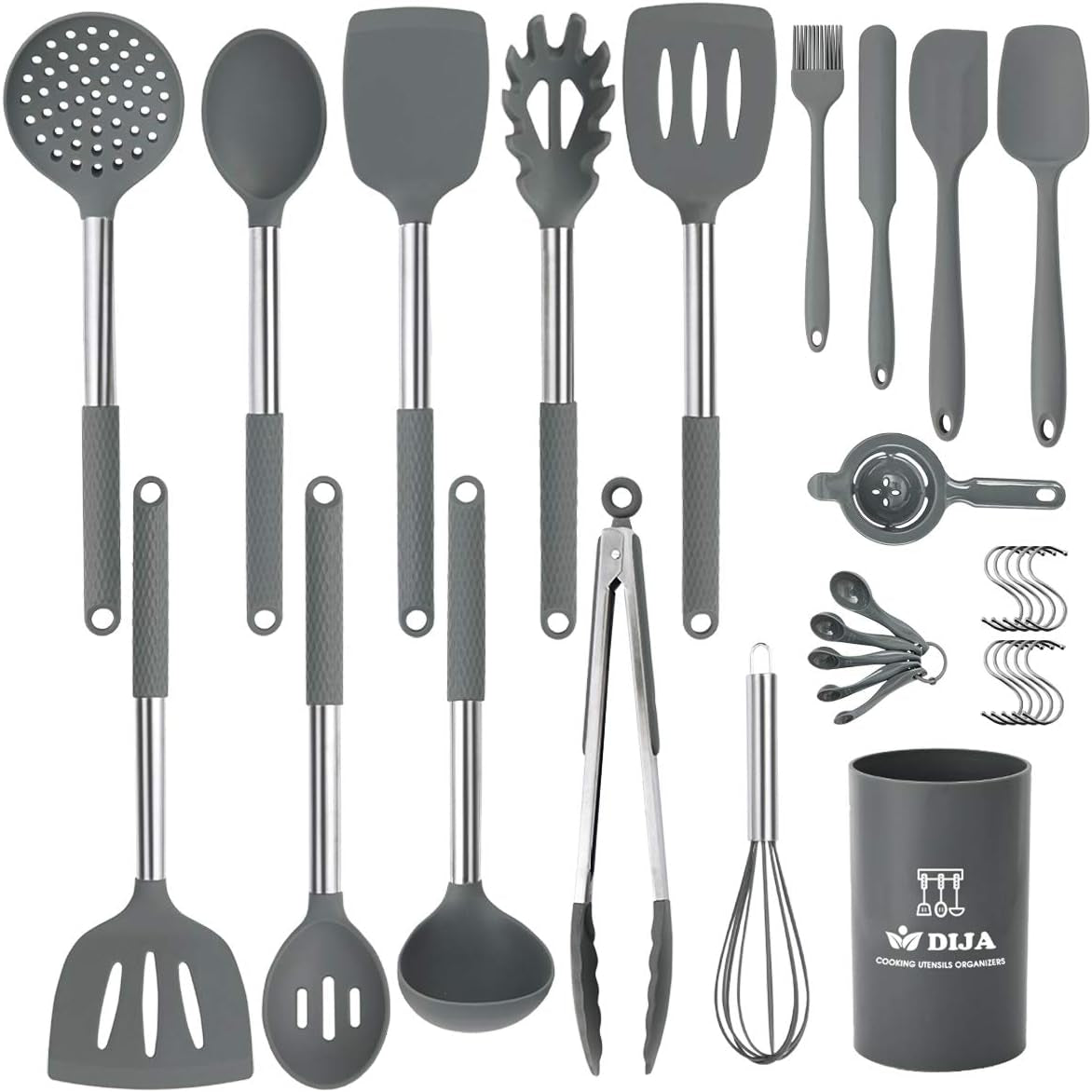 Cooking Utensils Set, Kitchen Utensils 31Pcs Cooking Utensils Set, Heat Resistant Non-Stick Silicone Kitchen Spatula Set with Stainless Steel Handle - Gray (BPA Free, Non Toxic)