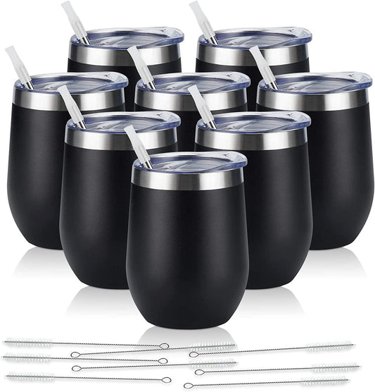 8 Pack 12Oz Stainless Steel Wine Tumblers, Insulated Wine Tumbler, Double Wall Insulated Wine Glass, Stainless Steel Stemless Wine Cups with Lids for Coffee, Wine, Cocktails, Champaign, Black