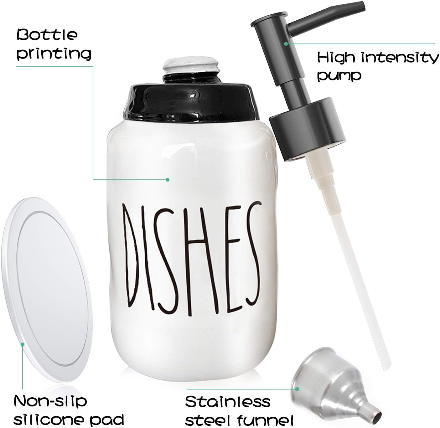 Soap Dispenser–Modern Farmhouse Style Ceramic Dishes Liquid Soap Dispenser–Perfect for Kitchen Counter Décor or Kitchen Sink-Bathroom Soap Dispenser–White Bottles with Black Pump and Lettering(14Oz)