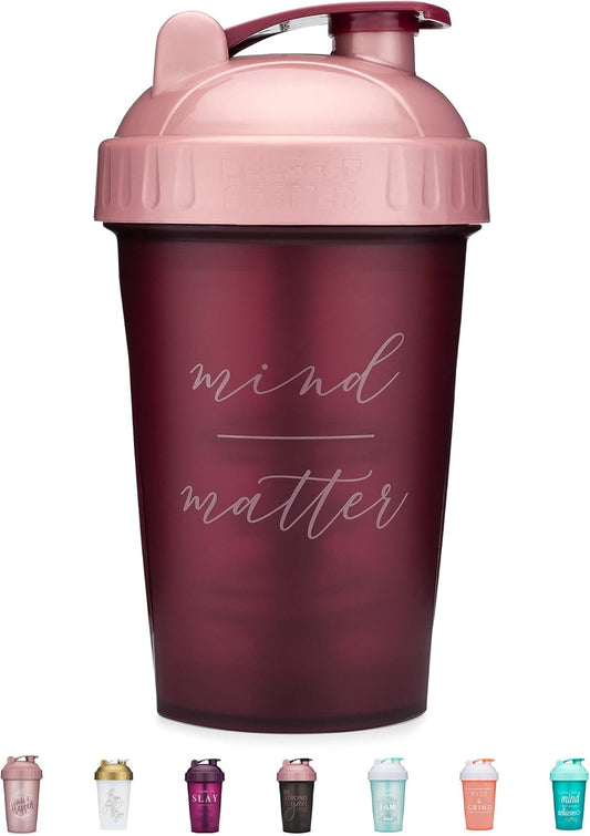 20-Ounce Shaker Bottle with Action-Rod Mixer | Shaker Cups with Motivational Quotes | Protein Shaker Bottle Is BPA Free and Dishwasher Safe | Mind over Matter - Maroon/Rose - 20Oz