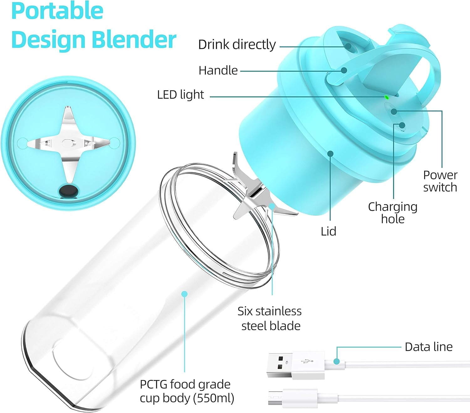 Portable Blender, Personal Blender for Shakes and Smoothies, Mini Blender USB Rechargeable and 6 Blades,19Oz/550Ml Fruit Juice Mixer, Juicer Cup for Sport Travel Office(Blue)