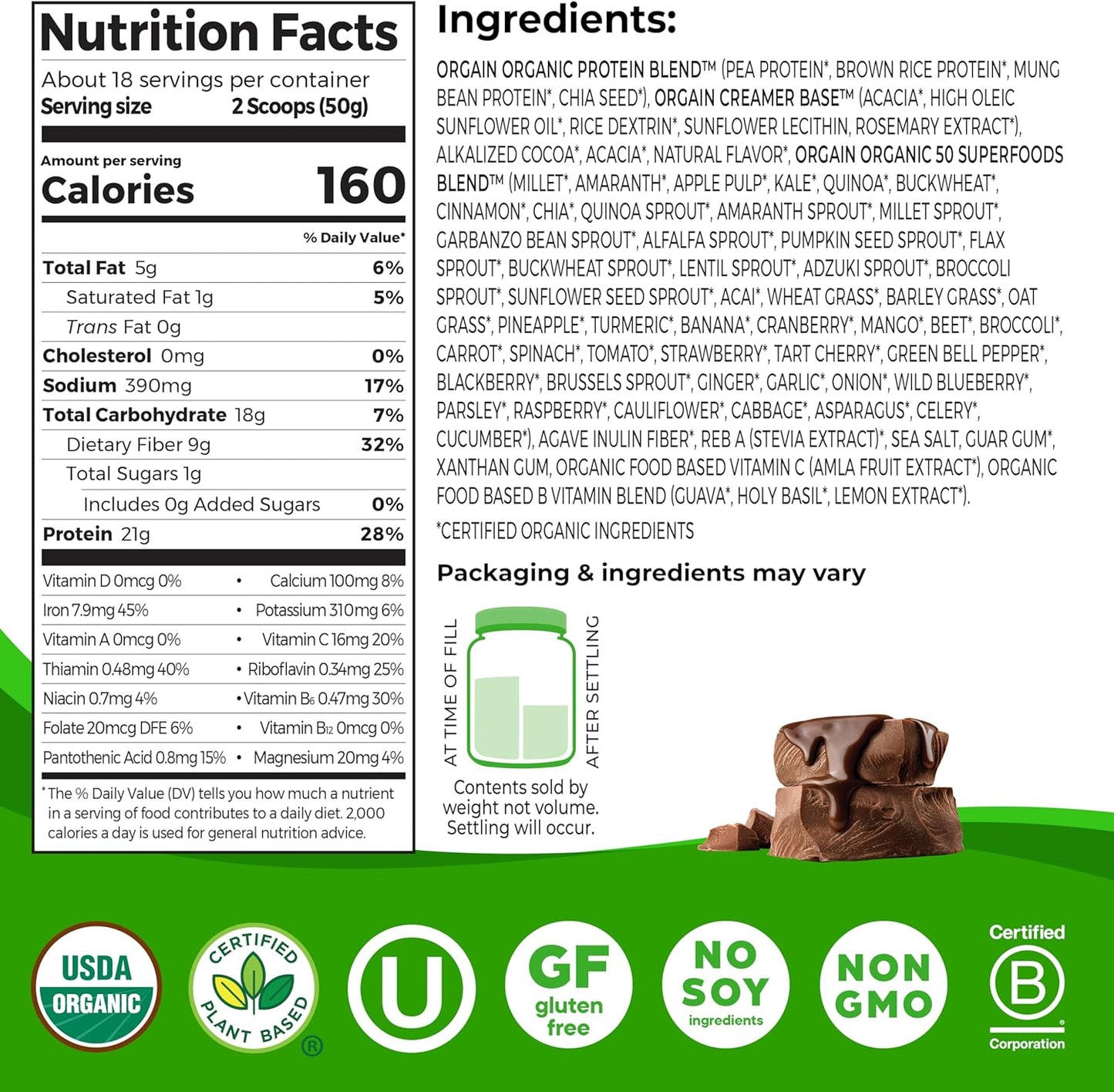 Organic Vegan Protein + 50 Superfoods Powder, Creamy Chocolate Fudge - 21G Plant Based Protein, 9G Prebiotic Fiber, No Lactose, Gluten Free, No Added Sugar, 2.02 Lb (Packaging May Vary)