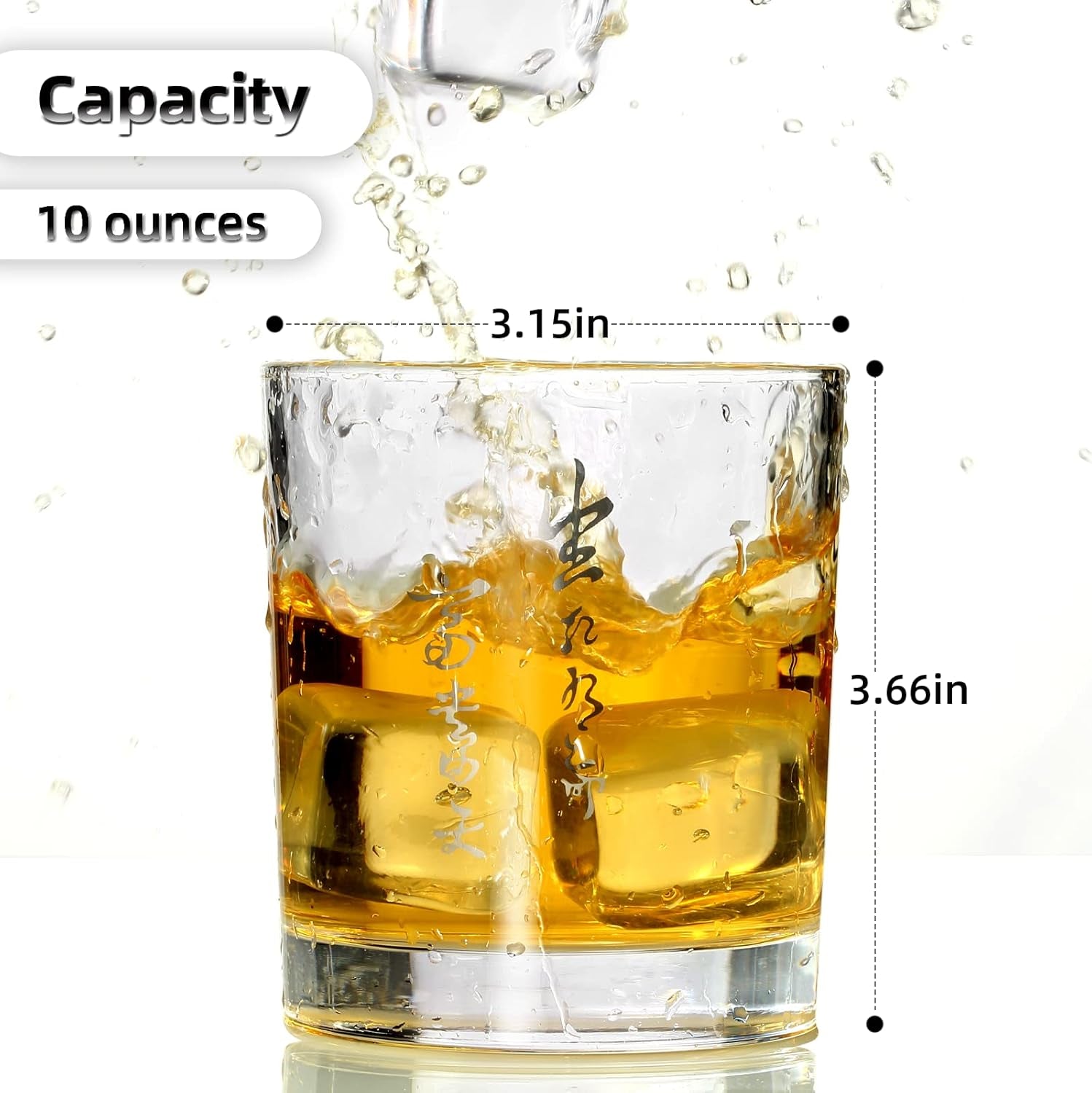 Bashenlife Crystal Old Fashioned Whiskey Glasses 10 Oz Rocks Barware for Scotch, Bourbon, Liquor and Cocktail Drinks-Set of 4 (Calligraphy)
