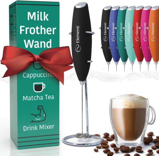 Milk Frother Wand & Drink Mixer with Stand - Turbo Milk & Coffee Frother Handheld - Hand Held Coffee Mixer Wand & Cold Foam Maker for Frothy Cappuccinos, Lattes & Drink Mixes at Home - Black
