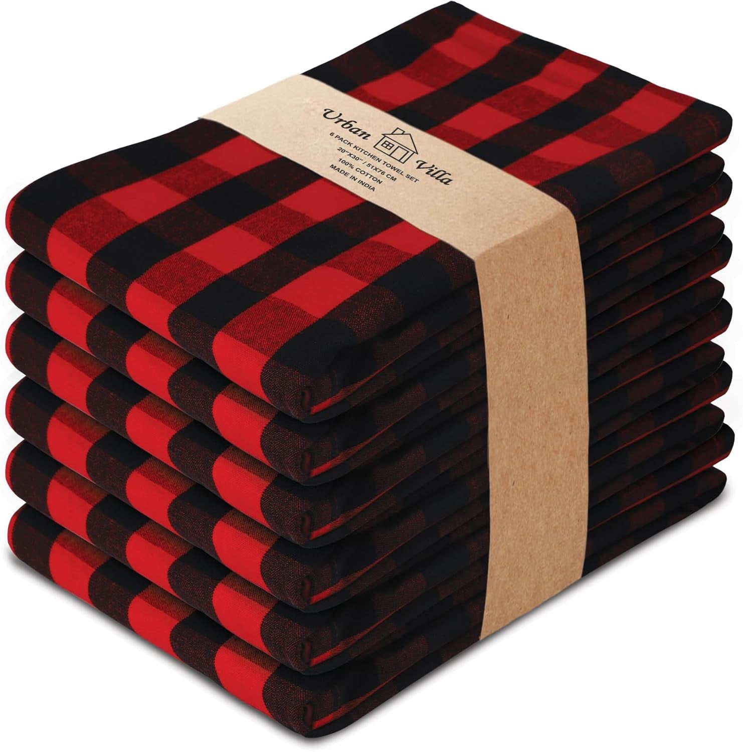 Buffalo Checks Kitchen Towels Set of 6 - Red/Black - 20X30 Inches - 100% Cotton - Highly Absorbent - Premium Quality - Ultra Soft - Mitered Corners
