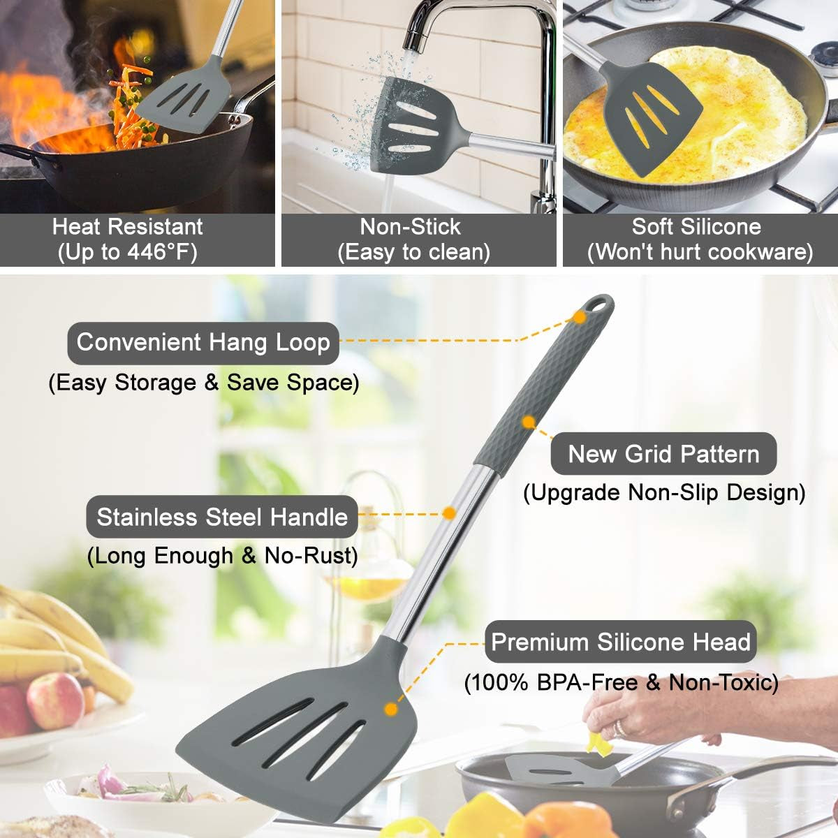 Cooking Utensils Set, Kitchen Utensils 31Pcs Cooking Utensils Set, Heat Resistant Non-Stick Silicone Kitchen Spatula Set with Stainless Steel Handle - Gray (BPA Free, Non Toxic)