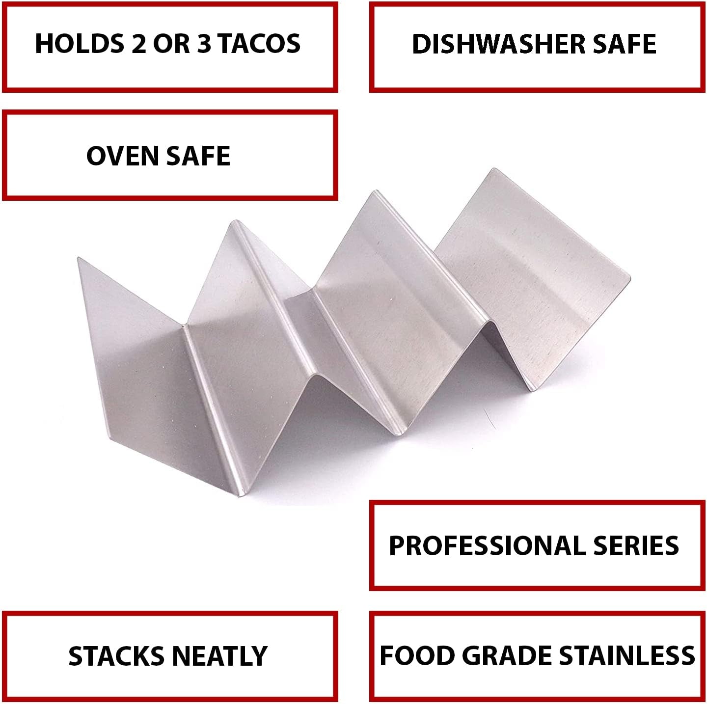 Taco Holder - Stainless Steel Taco Plates, 4 Count, Mexican Style, Holds 3 Tacos, Dishwasher, Oven and Grill Safe