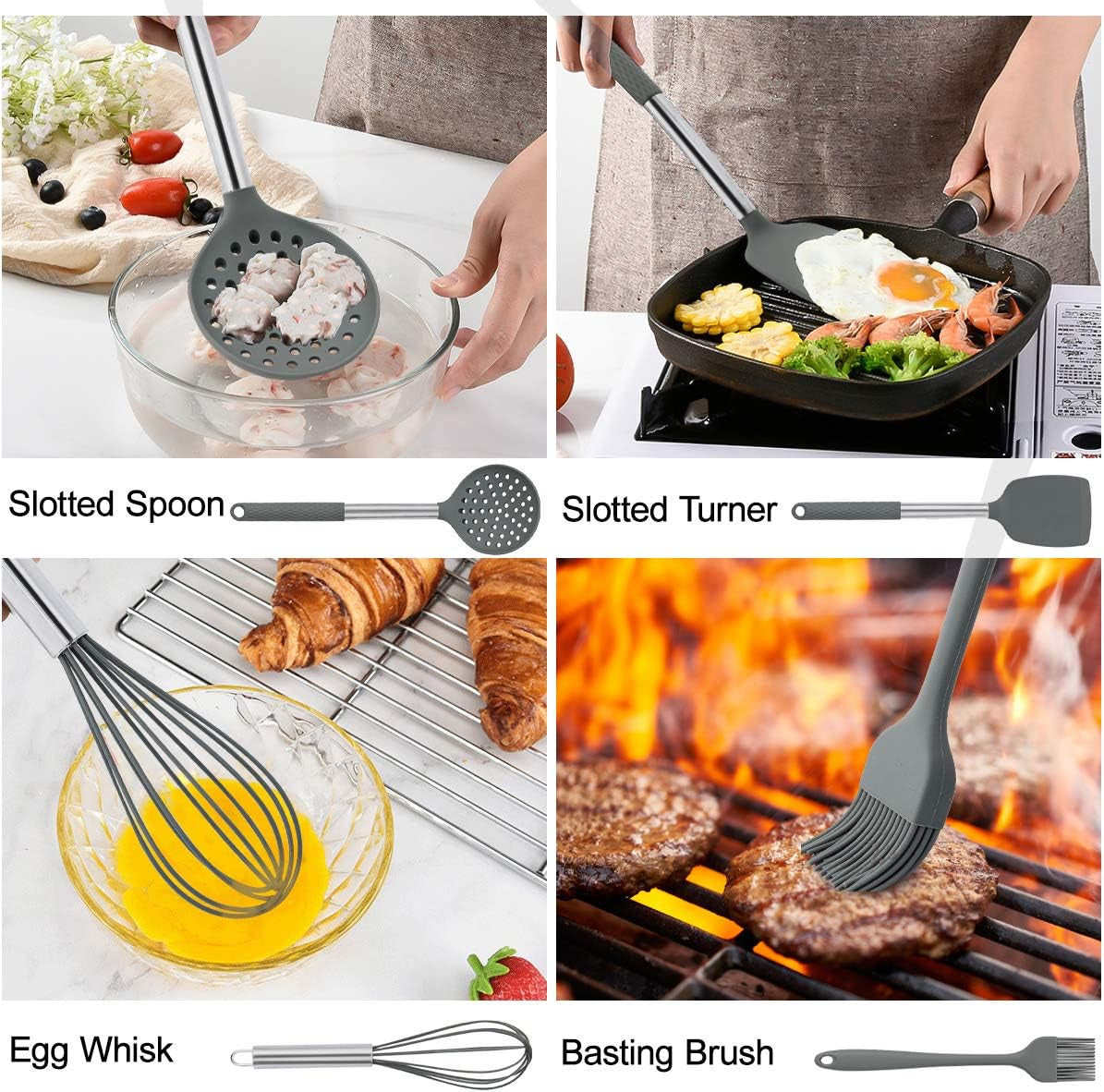 Cooking Utensils Set, Kitchen Utensils 31Pcs Cooking Utensils Set, Heat Resistant Non-Stick Silicone Kitchen Spatula Set with Stainless Steel Handle - Gray (BPA Free, Non Toxic)
