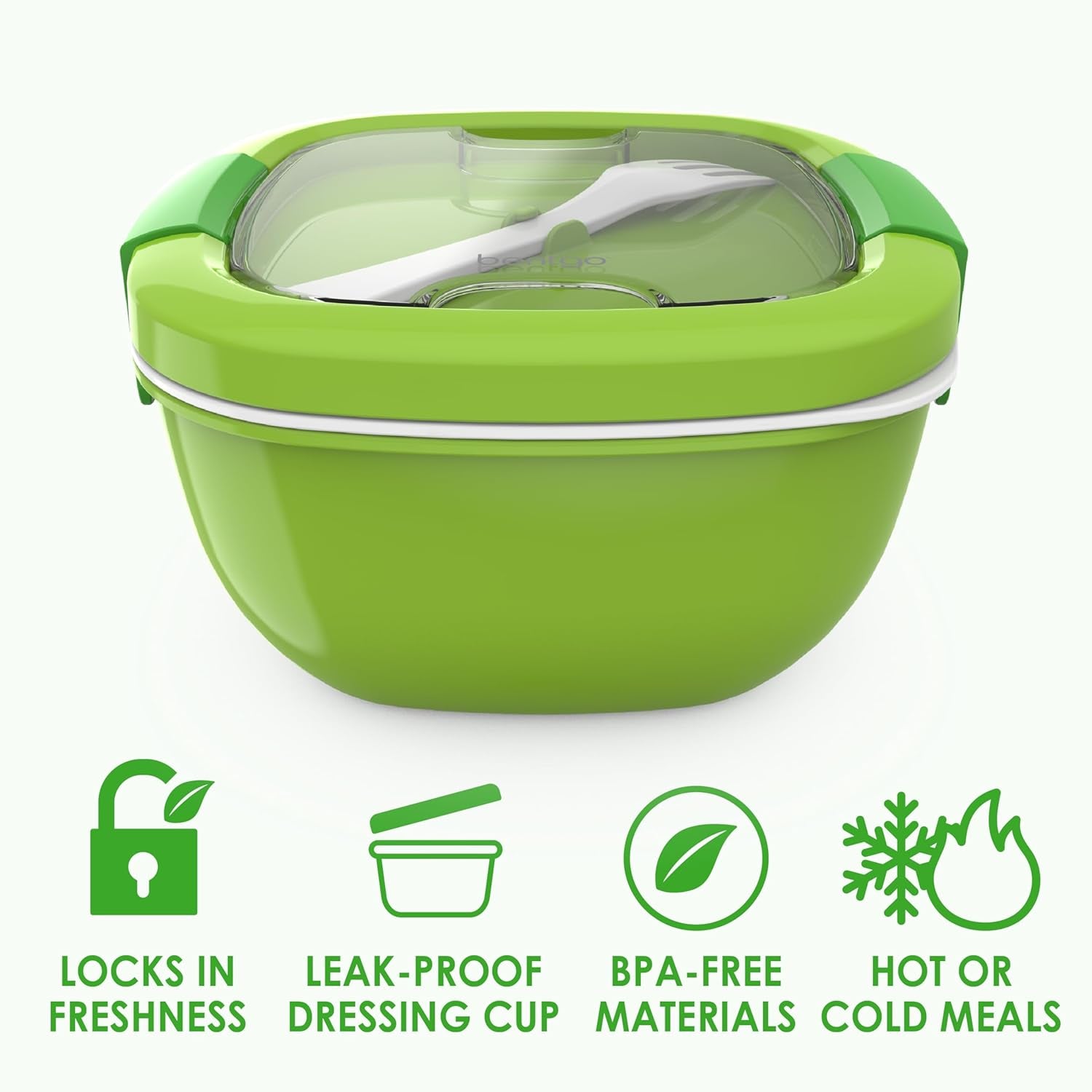 Salad Container - 54 Oz Bowl with 4-Compartment Toppings Tray, Leak-Proof Dressing Container, Reusable Fork, Bpa-Free Lunch Box for Meal Prep & Food Storage; Removable Bento Tray (Green)