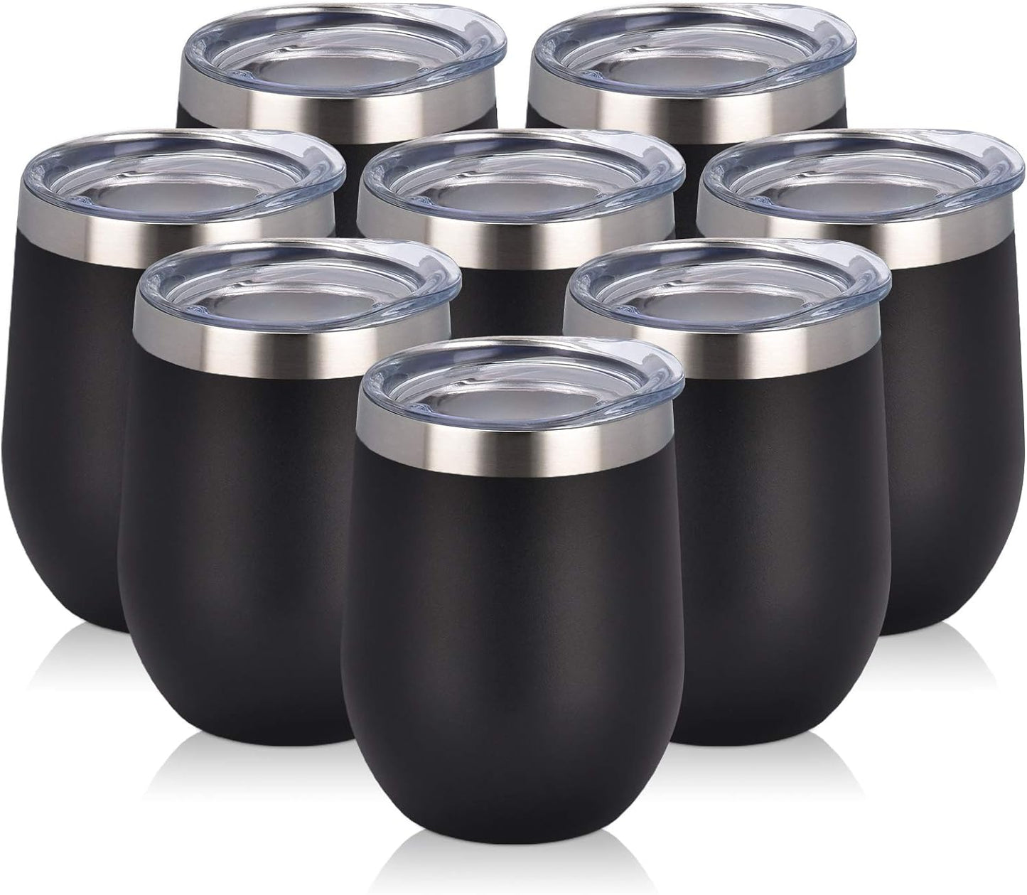 8 Pack 12Oz Stainless Steel Wine Tumblers, Insulated Wine Tumbler, Double Wall Insulated Wine Glass, Stainless Steel Stemless Wine Cups with Lids for Coffee, Wine, Cocktails, Champaign, Black