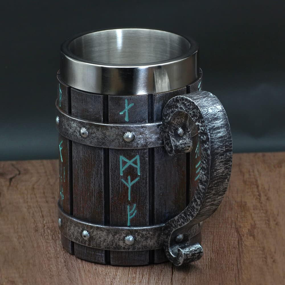 Nordic Viking Rune Mug Beer Tankard Cup for Men Viking Gift Norse Decor Stainless Steel Wooden Viking Coffee Cool Mug Viking Gift for Men Beer Cup Stein