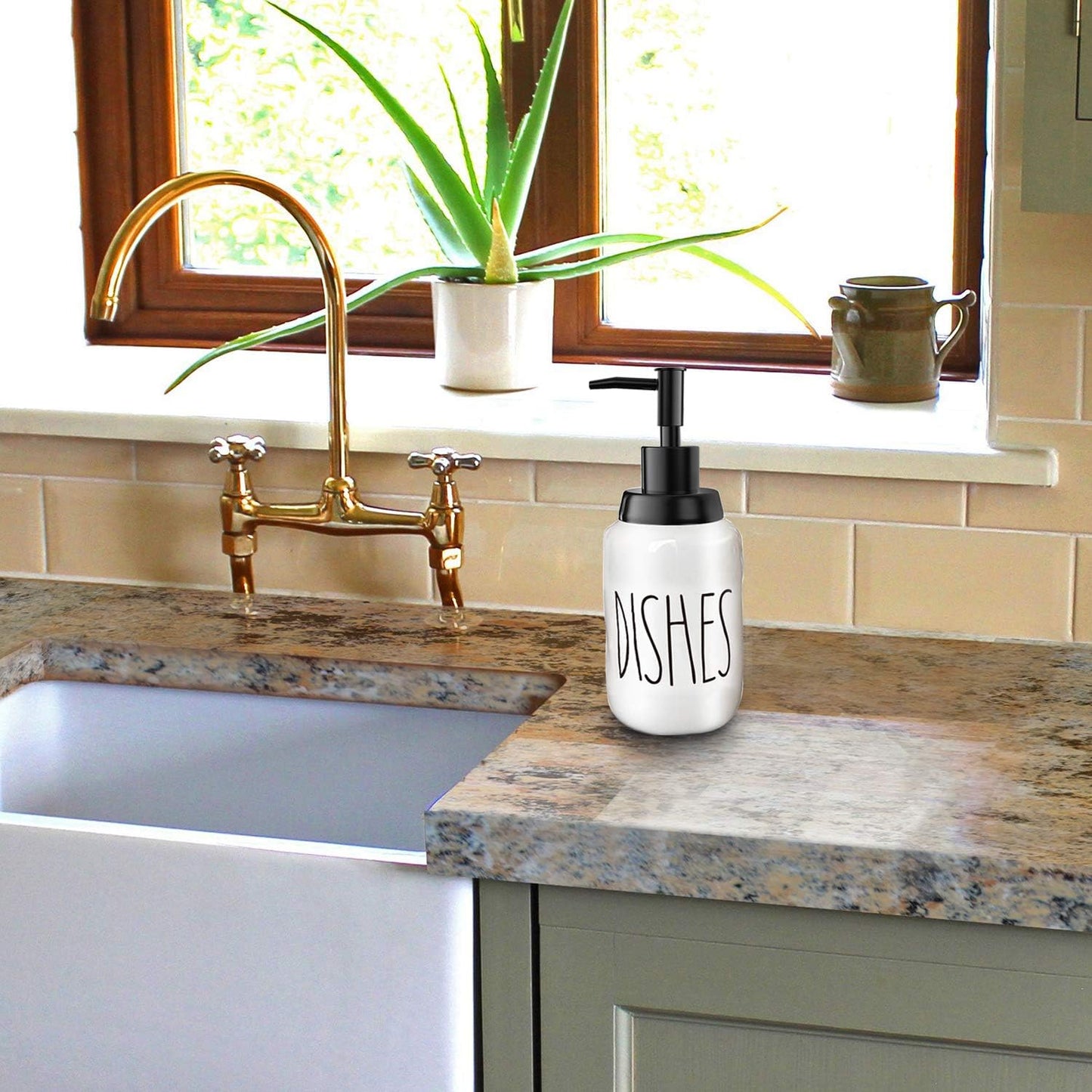 Soap Dispenser–Modern Farmhouse Style Ceramic Dishes Liquid Soap Dispenser–Perfect for Kitchen Counter Décor or Kitchen Sink-Bathroom Soap Dispenser–White Bottles with Black Pump and Lettering(14Oz)
