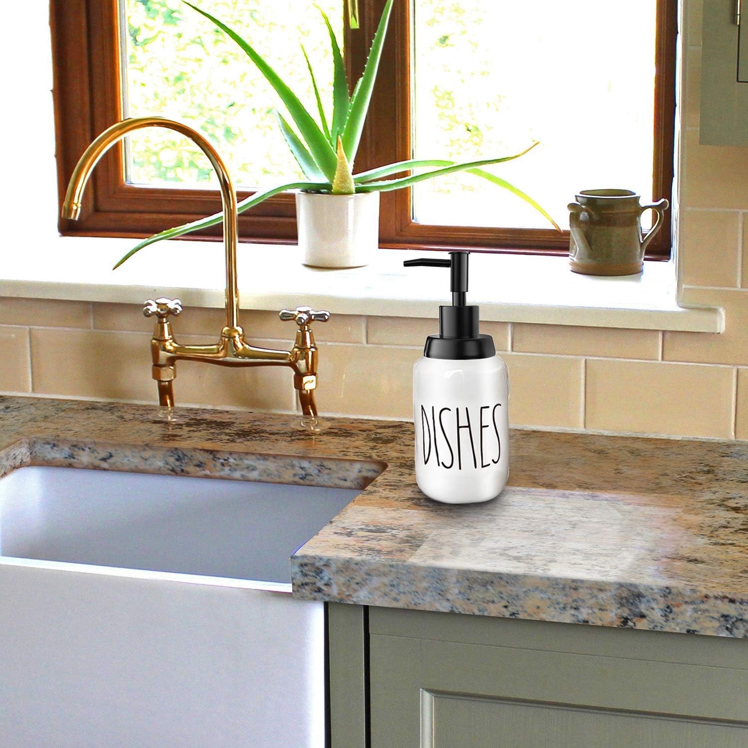 Soap Dispenser–Modern Farmhouse Style Ceramic Dishes Liquid Soap Dispenser–Perfect for Kitchen Counter Décor or Kitchen Sink-Bathroom Soap Dispenser–White Bottles with Black Pump and Lettering(14Oz)