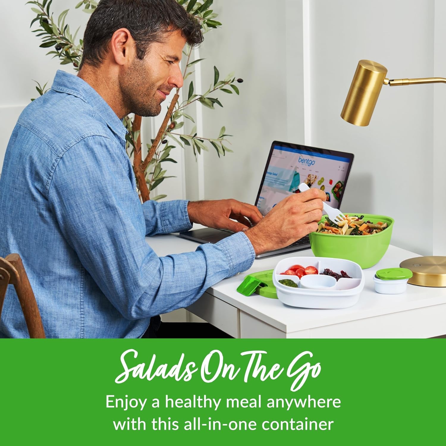 Salad Container - 54 Oz Bowl with 4-Compartment Toppings Tray, Leak-Proof Dressing Container, Reusable Fork, Bpa-Free Lunch Box for Meal Prep & Food Storage; Removable Bento Tray (Green)