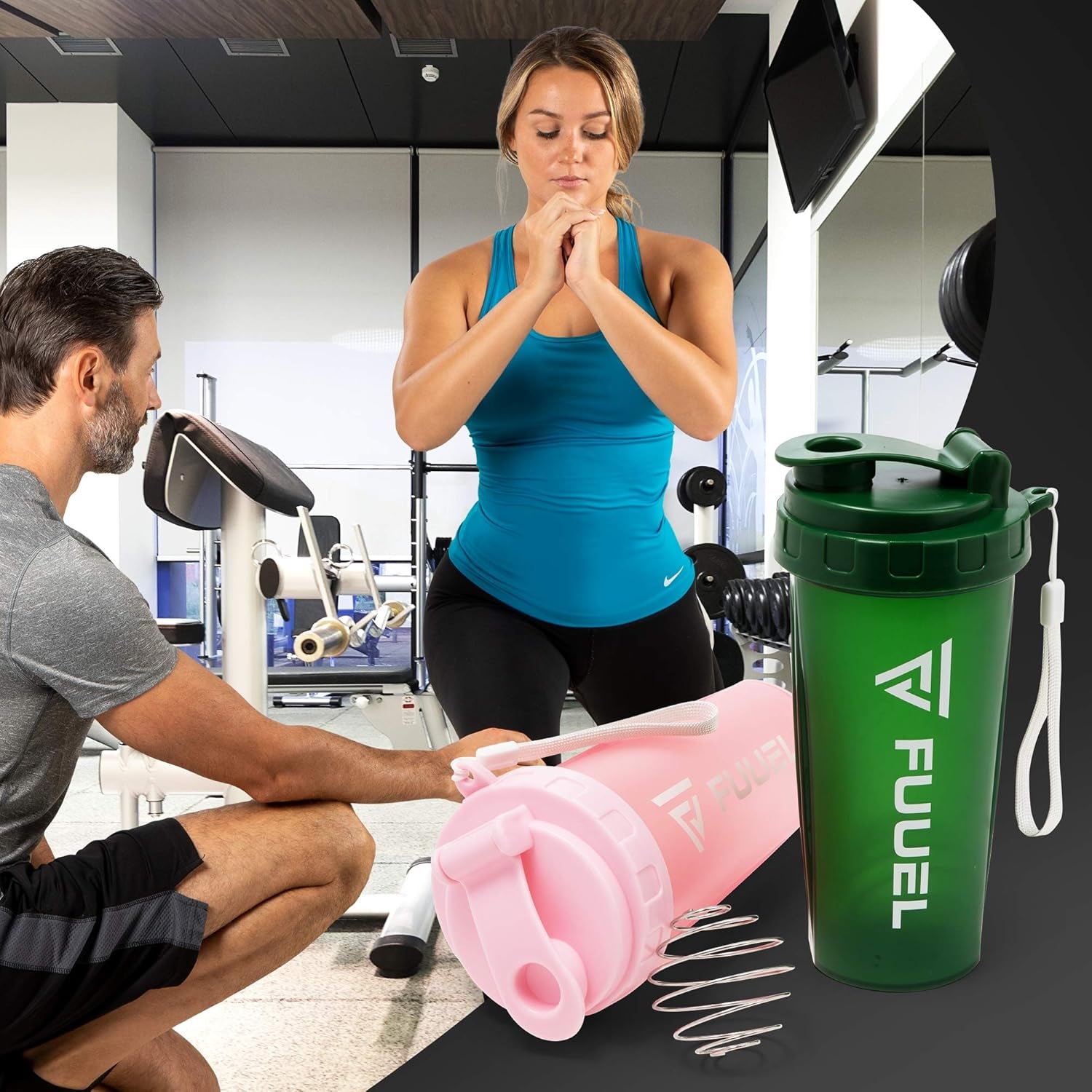 Double Shaker Bottle with Lanyard, 24Oz - Leak Proof Mixer Cup with Stainless Steel Blending Ball - Mixing Bottles for Protein Shakes - Premium Fitness Accessories (Navy & Purple)