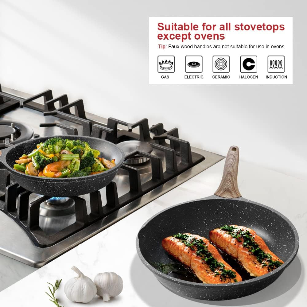 Nonstick Granite Frying Pan Skillet, Non Stick Omelette Fry Pans, Omelet Egg Pan, Stone Cookware Chef'S Pan, Induction Compatible, PFOA Free (Gray, 9.5 Inch with Lid)