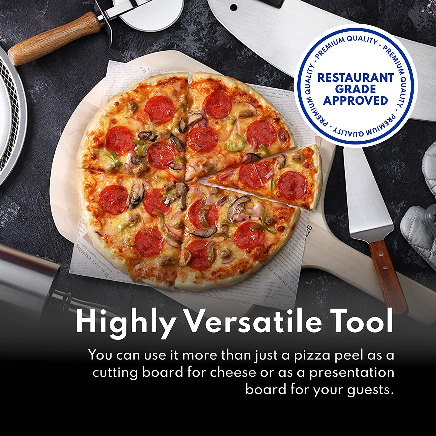 50295 Restaurant-Grade Wooden Pizza Peel, 16" L X 14" W Plate, with 10" L Wooden Handle, 24" Overall Length