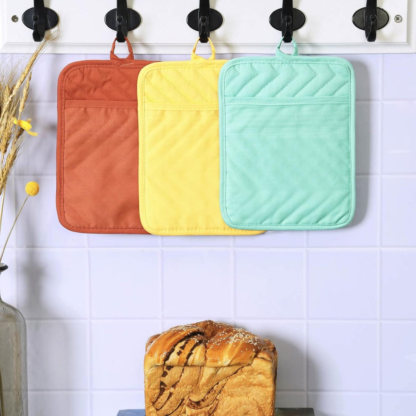 Pot Holders and Oven Mitts 7" X 9" Heat Resistant Cotton Pocket Pot Holder Set Feature of Non Slip Kitchen Hot Pad Oven Mitts, 3-Pack (Aqua Sky)