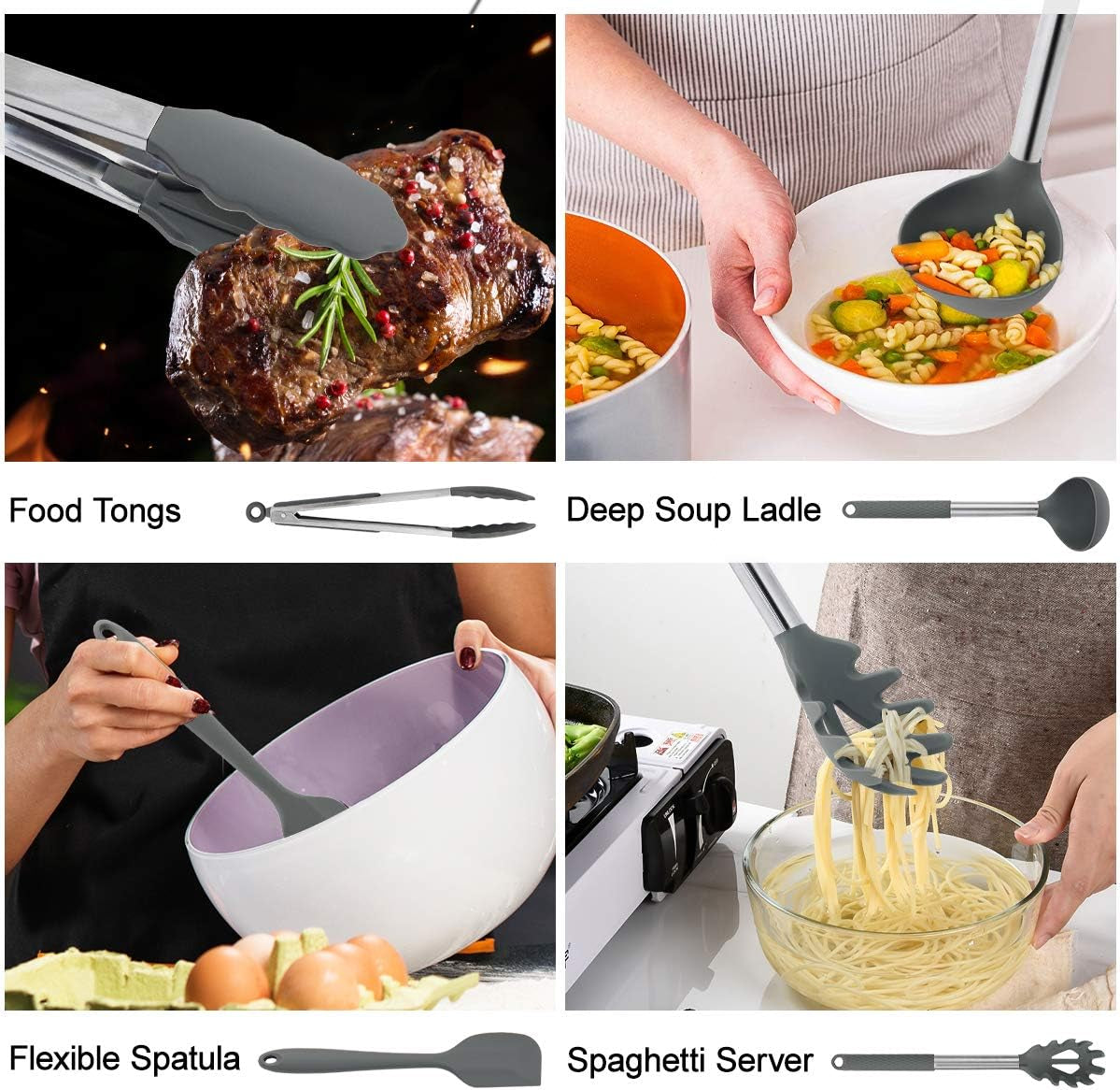 Cooking Utensils Set, Kitchen Utensils 31Pcs Cooking Utensils Set, Heat Resistant Non-Stick Silicone Kitchen Spatula Set with Stainless Steel Handle - Gray (BPA Free, Non Toxic)