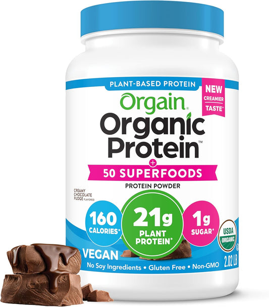 Organic Vegan Protein + 50 Superfoods Powder, Creamy Chocolate Fudge - 21G Plant Based Protein, 9G Prebiotic Fiber, No Lactose, Gluten Free, No Added Sugar, 2.02 Lb (Packaging May Vary)
