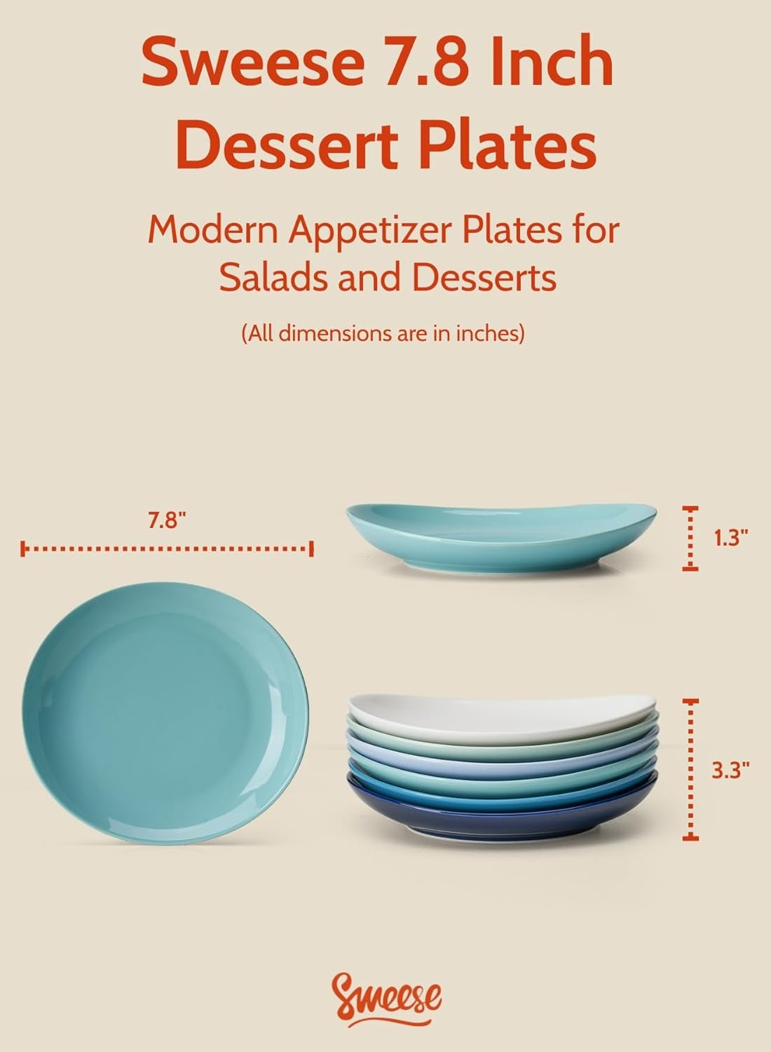 Porcelain Dessert Plates - 7.8 Inch Salad Plates, Small Appetizer Plates Set of 6 - Dishwasher, Microwave, Oven Safe - Azure Dreamscape Color