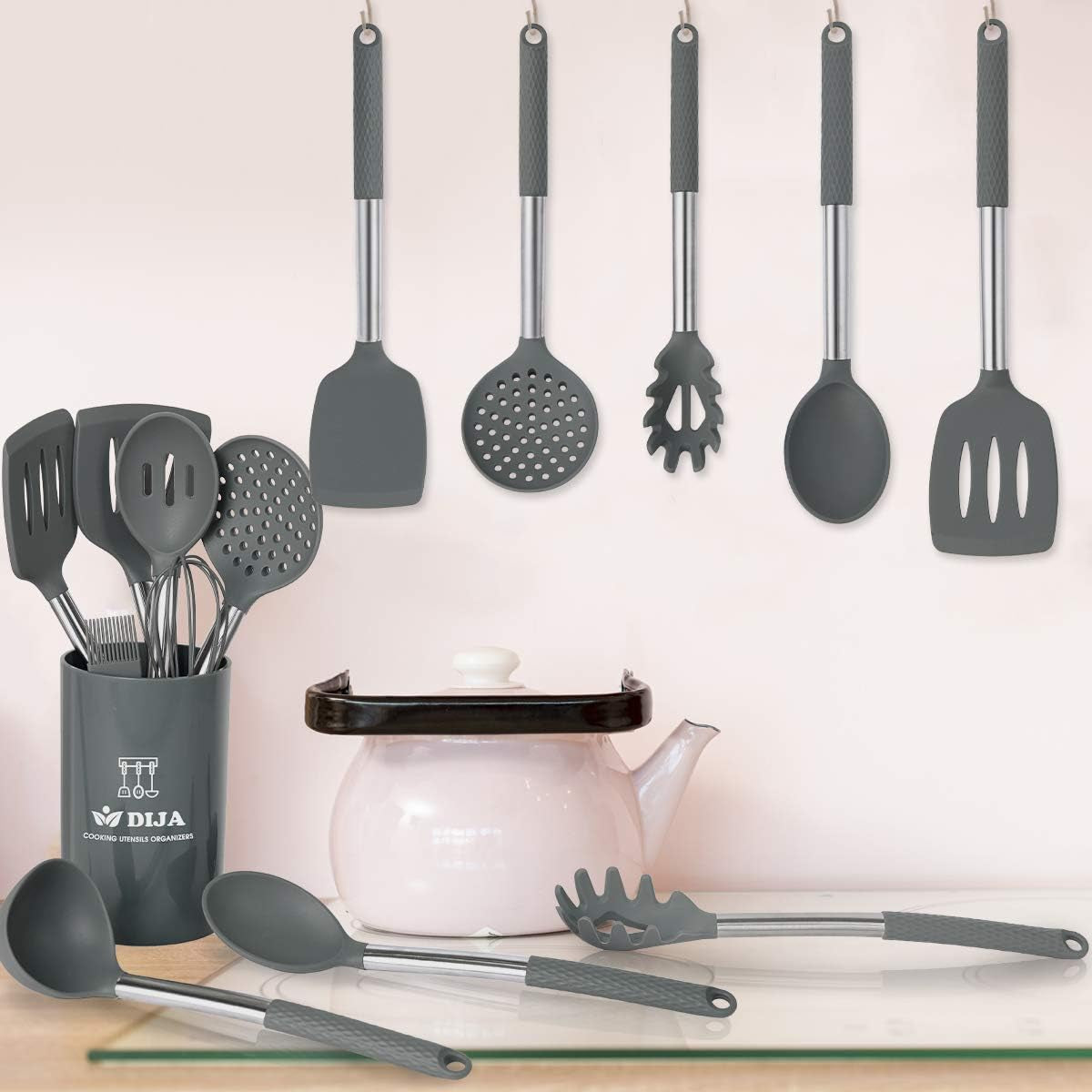 Cooking Utensils Set, Kitchen Utensils 31Pcs Cooking Utensils Set, Heat Resistant Non-Stick Silicone Kitchen Spatula Set with Stainless Steel Handle - Gray (BPA Free, Non Toxic)